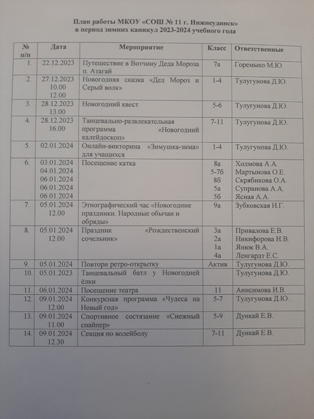 Расписание новогодних мероприятий и план работы на зимних каникулах.